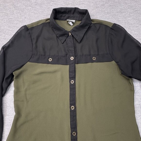 Vanity Womens Green Black Colorblock Semi Sheer Blouse Roll-tab Sleeve Sz Small - Picture 6 of 16